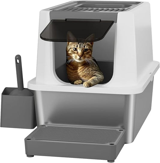 RIZZARI Stainless Steel Cat Litter Box, Odorless Enclosed Litter Box with Top Holes, Large Litter Pan for Small to Large Sized Cats (Dark Gray, 24" L*16" W*18" H)