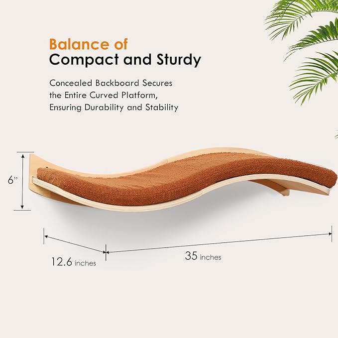 Cat Wall Shelves for Large Cats - Wall Mounted Furniture with Comfortable Cushion, Perfect Perch and Bed for Multi-Cat Households - 35 inch Wavy Shelf for Climbing, Playing, Resting, and Lounging