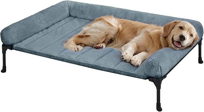 Veehoo Cooling Elevated Dog Bed with Fluffy Plush Bolster Cushion, Indoor Raised Dog Beds for Large Dogs, Soft Pet Sofa Cot with Removable Washable Mat, No-Slip Feet, 42 x 30 inches, Haze Blue