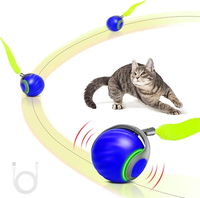 Speedy Tail 2.0 Interactive Cat Toy – Smart Self-Rolling Cat Ball with Feather Tail, Automatic Moving Motorized Toy for Indoor Cats, Chasing & Hunting Fun (Blue)
