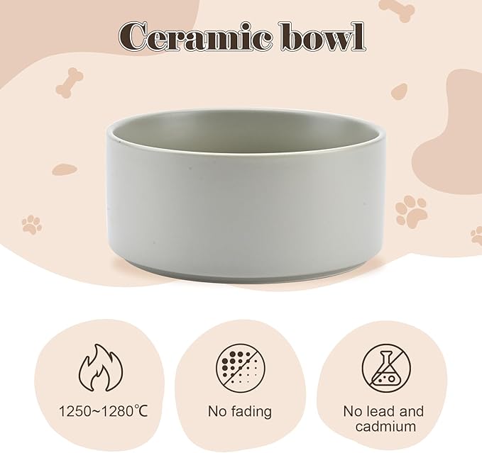SPUNKYJUNKY Ceramic Dog Bowls Set with Acacia Wood Stand - Raised Dog Food and Water Bowl for Small Dogs (13.52 OZ, Gray)