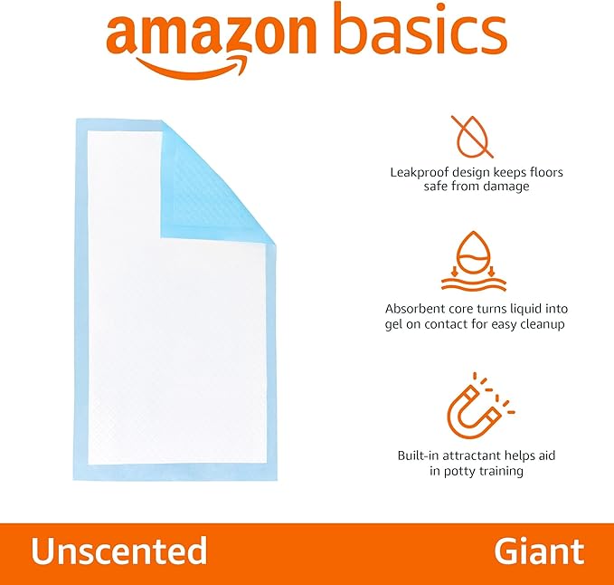 Amazon Basics Leakproof Dog and Puppy Pee Pads with 5-Layer Quick-Dry Surface for Potty Training, Standard Absorbency, Giant, 27.5 x 44Inch, Pack of 40, Blue & White