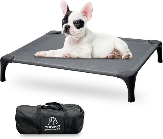 Outdoor Elevated Dog Bed With Portable Bag, Easy to Assemble for Medium Small Dogs, Raised Cot With Pet-Friendly Feet, Breathable Mesh for Camping or Travel, Dark Grey