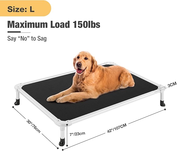Veehoo Chew Proof Elevated Dog Bed - Cooling Raised Pet Cot - Silver Aluminum Frame and Durable Textilene Mesh Fabric, Unique Designed No-Slip Feet for Indoor or Outdoor Use, Black, 42"x 31"