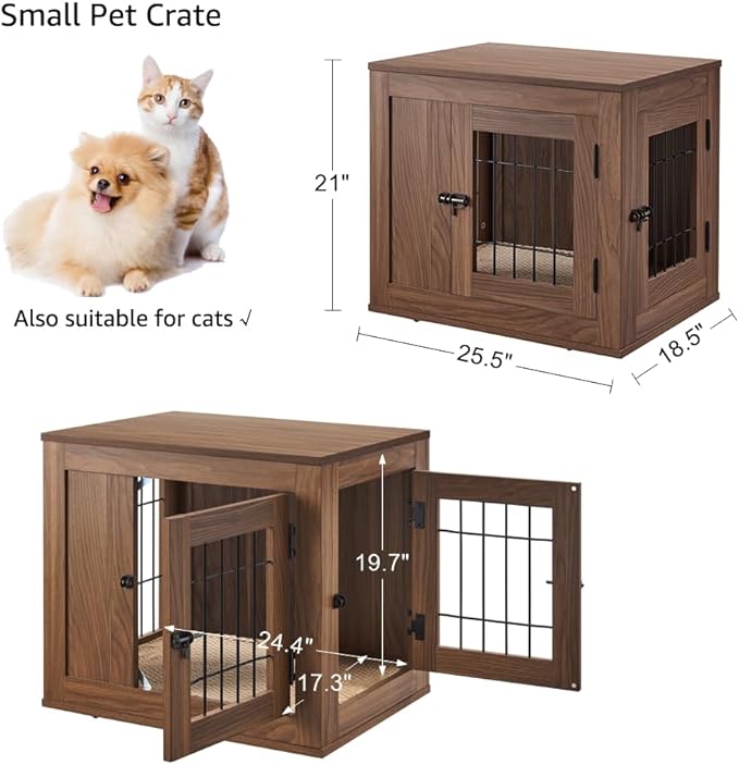 unipaws 25.5 Inch Furniture Style Dog Crate for Small Dogs, Cats, Min Pigs, Rabbit, Indoor Aesthetic Puppy Kennel, Modern Decorative Wood Wire Cage, Pretty Cute End Side Table Nightstand, Walnut