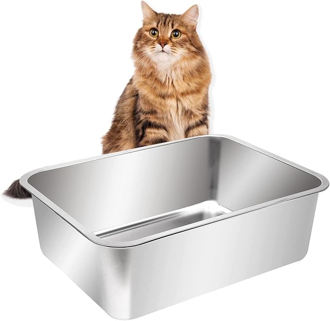 Kichwit Large Stainless Steel Cat Litter Box with High Sides, Metal Litter Pan for Big Cats, Non Stick Smooth Surface, Easy to Clean (23.4" L x 15.5" W x 7.6" H)