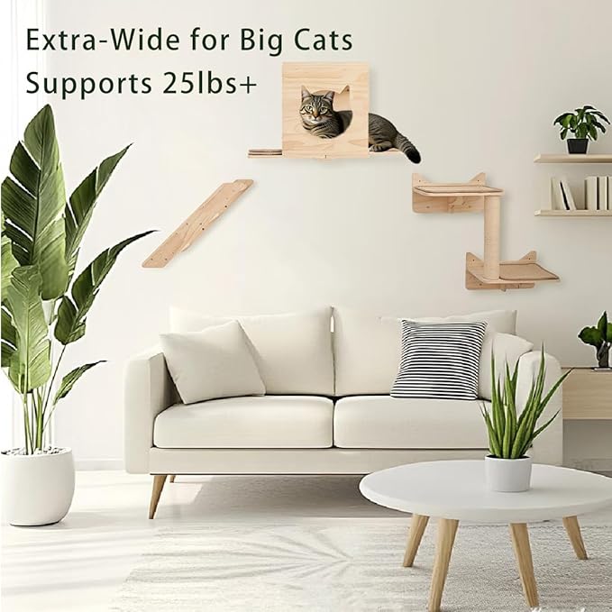 KVIDA Cat Wall Shelves Set – 5PCS Extra-Large Wall Mounted Cat Furniture with 2 Platforms, Sisal Scratching Post & Cat House – Solid Wood Climbing Wall for Large Indoor Cats