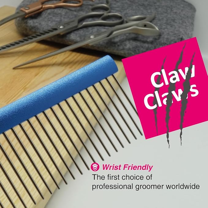 Greyhound Oval Grooming Comb – Aluminum handle, Stainless Steel Teeth Comb for Long-Haired Dogs & Cats, Removes Mats, Tangles, and Loose Fur – Lightweight for Deshedding (Silver/Blue, 9.8")