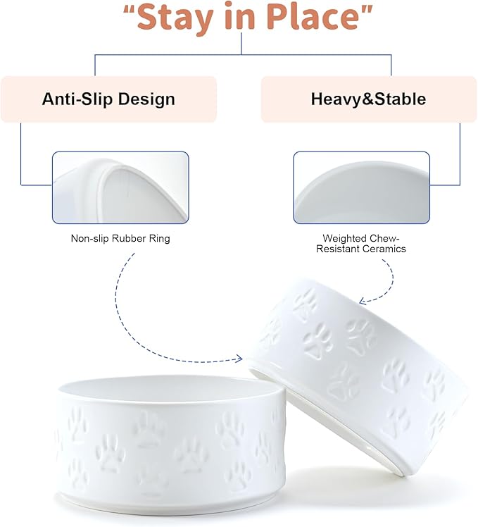 SPUNKYJUNKY Ceramic Dog and Cat Bowls 2 Pack, 6.1'' Dog and Cat Food Water Double Feeding Bowls Non-Slip for Large Sized Breed Microwave Dishwasher Safe - 28.7 OZ, 2pcs, Paw White