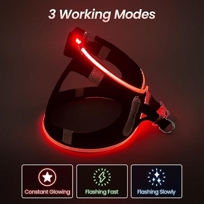 PceoTllar Light Up Dog Harness, LED No Pull Reflective Dog Harness, Flashing Lighted for Night Walking - Small/Medium, (Black Red,s)