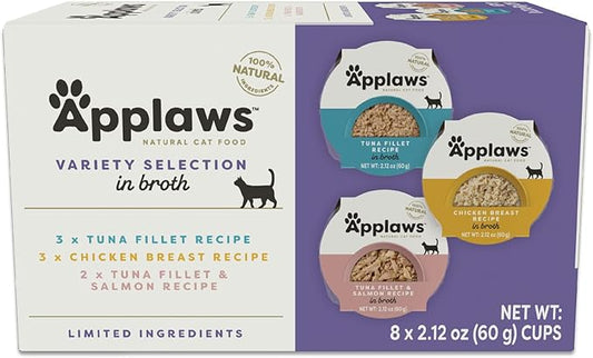 Applaws Natural Wet Cat Food, Limited Ingredient, Grain-Free, Protein with No Artificial Additives, Variety Pack in Broth (8X 2.12 oz Easy-Open Cups)