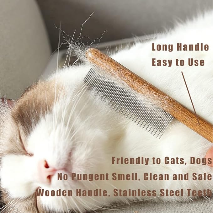 Dog Cat Comb with Solid Wood Handle Stainless Steel Teeth, Professional Pet Grooming Supplies Accessories Perfect for Honghair Hairy Pets