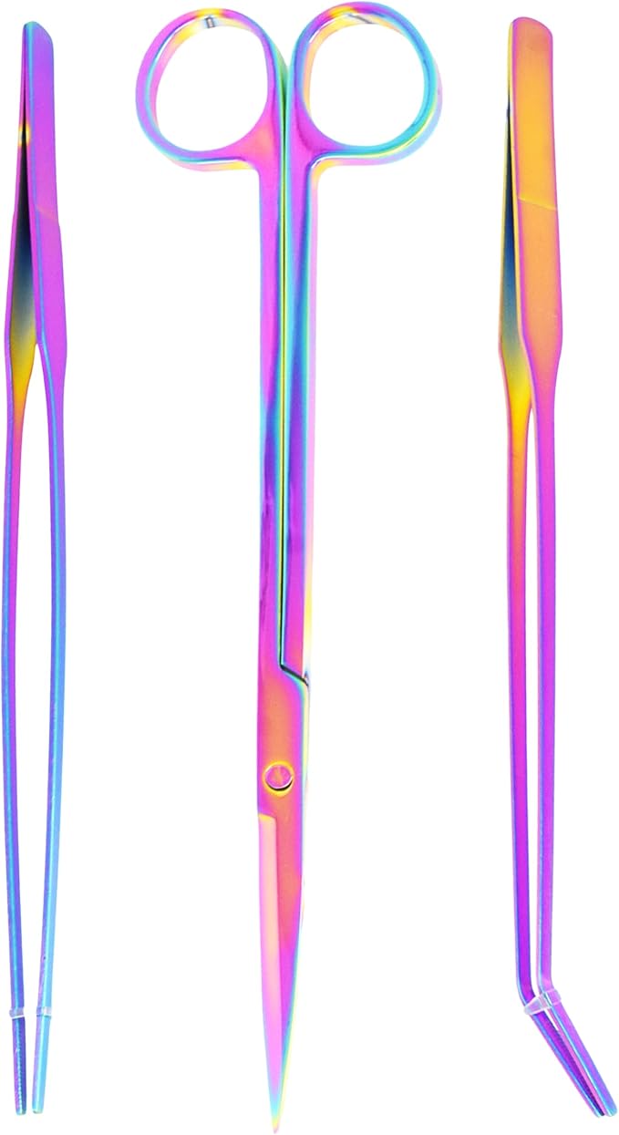 Mandala Crafts Rainbow Stainless Steel Aquascaping Tools Kit – Aquarium Plant Tools with Tweezers and Scissors for Fish Tanks, Hospital Tanks, Goldfish Bowls, Aquariums, and Terrariums