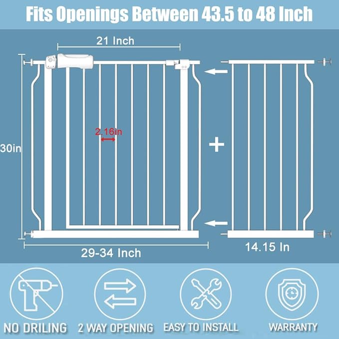Safety Baby Gates for Doorway Stairs 43.5-48 Inch Extra Wide Child Gate for Kid Pet Dog Gate Indoor Pressure Mounted No Drill Baby Gate White