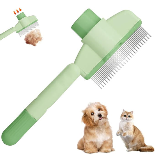 Pet Hair Removal Comb Flea Comb, 2025 New Cat Grooming Brush with Release Button, De-Shedding Cat Brush for Short and Long Hair Cats (Green)