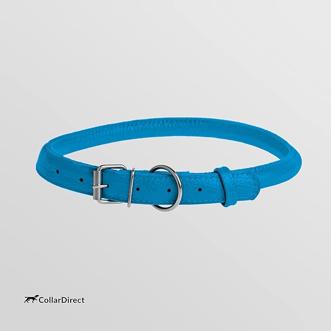 CollarDirect Rolled Leather Dog Collar, Soft Padded Round Puppy Collar, Handmade Genuine Leather Collar Dog Small Large Cat Collars 13 Colors (6-7 Inch, Light Blue Textured)