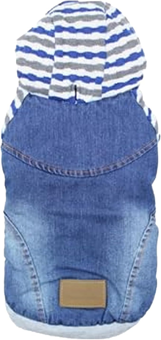 Parisian Pet Basic Hoodie - Lightweight Denim Striped Sweatshirt for Dogs With Leash Hole and Pockets - Blue Cotton Clothes for Small Dogs - S