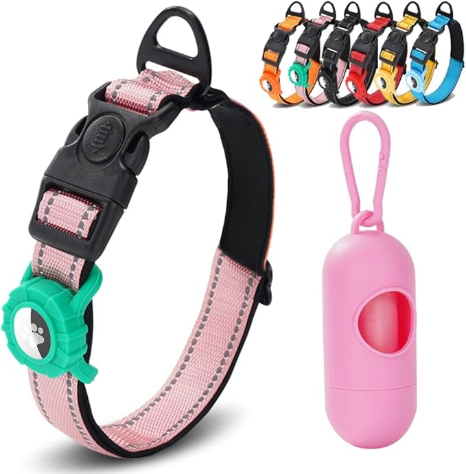 JSXD AirTag Dog Collar, Night Reflective Nylon Dog Collar for Small Medium Large Dogs,Lockable Quick Release Buckle,Padded Breathable Pet Collar with AirTag Holder (Pink, Medium)