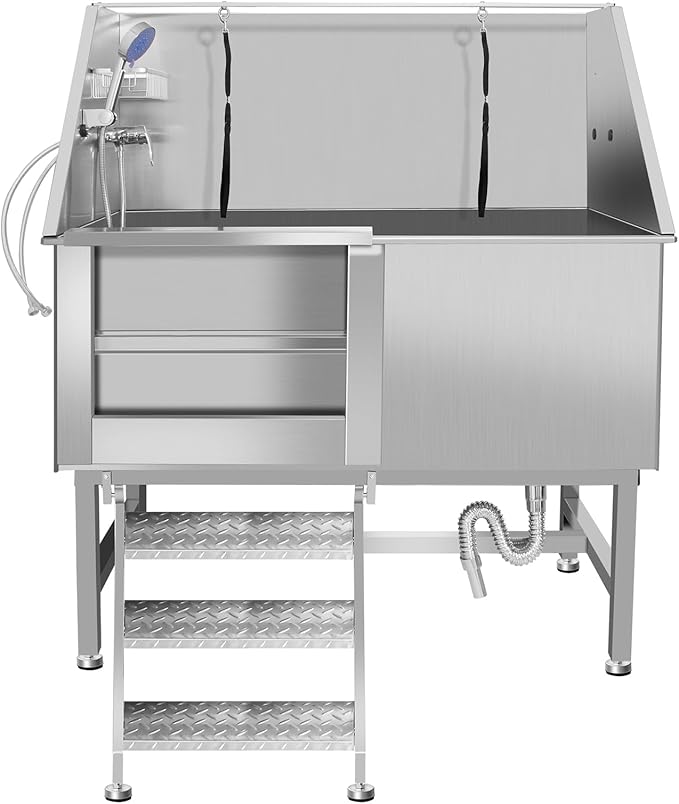 50" Pet Dog Bathing Station W/Ramp, Professional Stainless Steel Dog Grooming Tub W/Soap Box, Faucet,Rich Accessory, Dog Bathtub for Large,Medium,Small Pets, Washing Sink for Home (50" Left ramp)