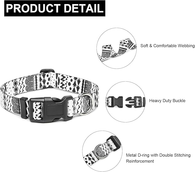 Mercano Adjustable Dog Collar - Special Design Patterns, Soft Nylon Comfortable Sturdy Pet Collar for Small Medium Large Dogs (S, Black White B)