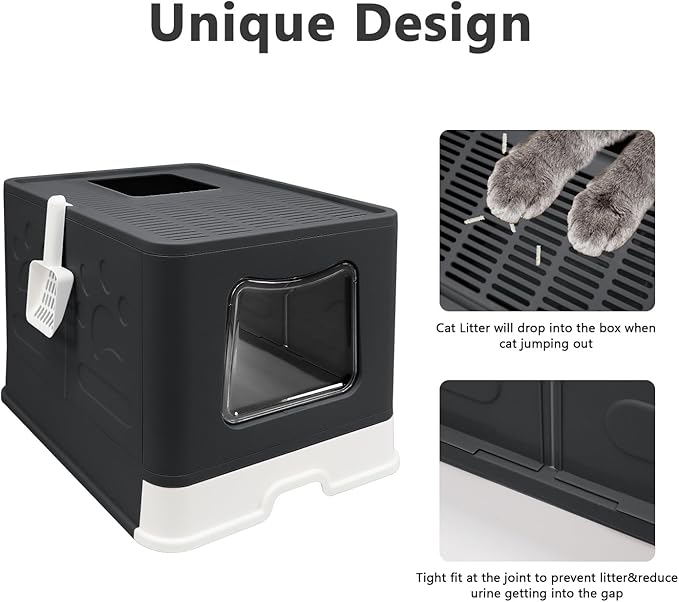 XL Foldable Cat Litter Box with Lid - Jumbo Enclosed Potty - Top Entry Anti-Splashing Toilet - Includes Scoop & 2-in-1 Cleaning Brush (Black)