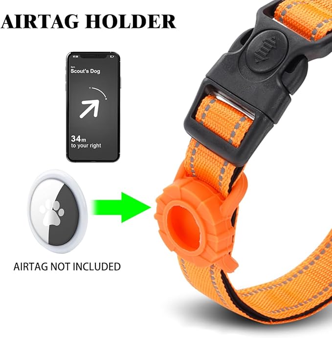 JSXD AirTag Dog Collar, Night Reflective Nylon Dog Collar for Small Medium Large Dogs,Lockable Quick Release Buckle,Padded Breathable Pet Collar with AirTag Holder (Orange, Medium)