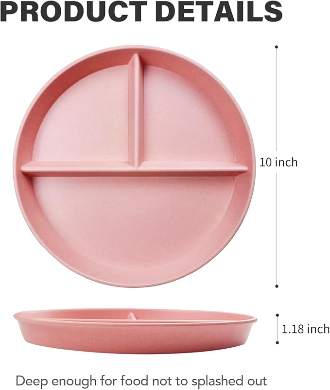 greenandlife 10 Inch 4PCS Unbreakable Portion Control Plates, Divided Plates for Kids Adults, Dishwasher & Microwave Safe Compartment Plate, Lightweight Reusable Wheat Straw Plate, BPA Free