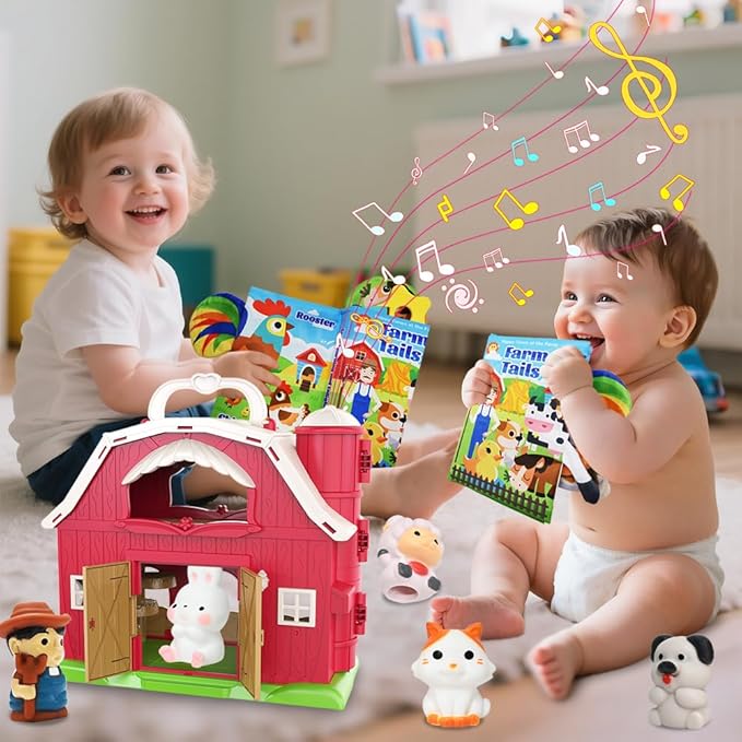 Musical Red Barn Farm Animal Toys with Tails Baby Book, Educational Preschool Farm Animals Finger Puppet for Toddlers 1-3, Montessori Learning Toys Christmas Birthday Gift for Boys Girls 12-18 Months