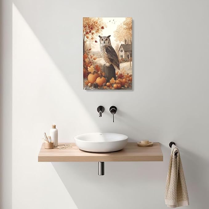 Fall Owl Wall Art Autumn Pumpkin Leaves Wall Decor Rustic Canvas Print Farmhouse Pictures Painting Print Framed Artwork Decorations Gifts for Living Room Bathroom Bedroom Office 16"x24"