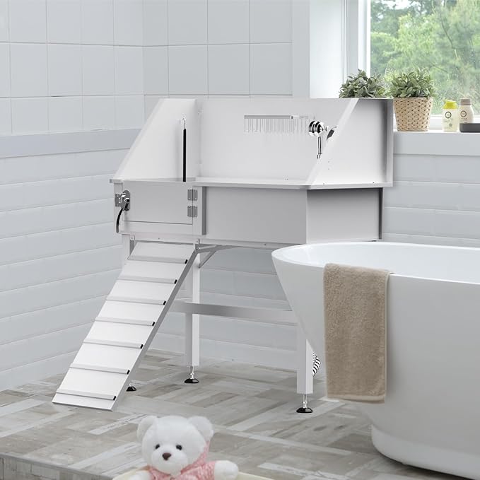 Dog Washing Station for Home, 38" White Professional Stainless Steel Dog Grooming Tub, Height Adjustable Dog Bathing Station, Upgrade Parts, Dog Bath Tubs for Small & Medium Dogs(Left Ramp)