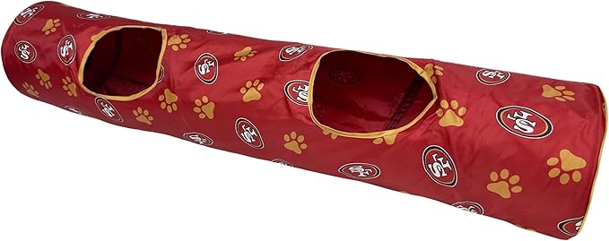NFL San Francisco 49ers Cat Tunnel Tube Toy with Plush Football Catnip and Feathers Collapsible Tunnel for Cats to Play, Peek and Hide, Sporty & Fun Cat Tunnel Toy with Team Logo All-Over Design!