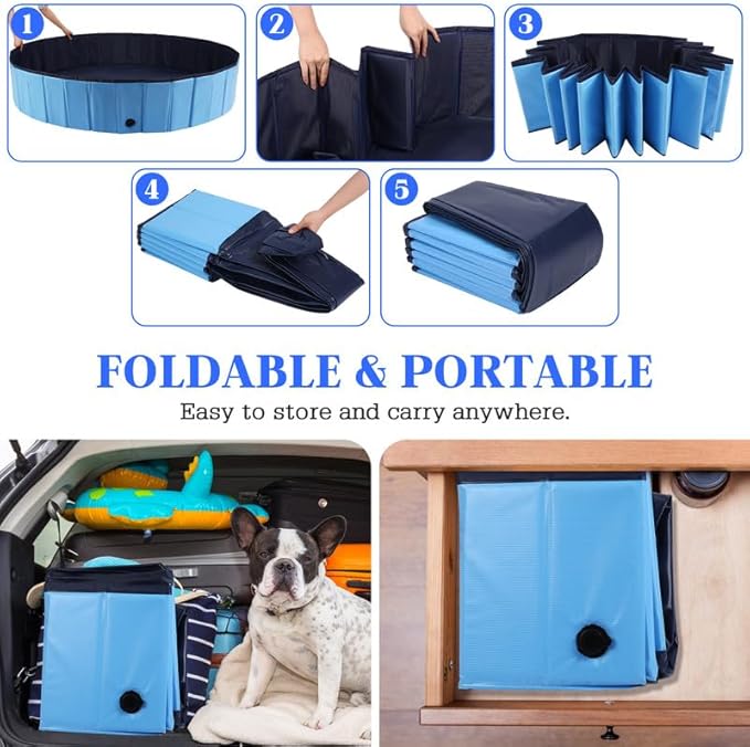 Foldable Dog Bath Swimming Pool Plastic Kiddie Pool Professional Tub Collapsible Grooming Bathtub for Pets Kids Baby and Toddler, 71 x 12 Inches Blue