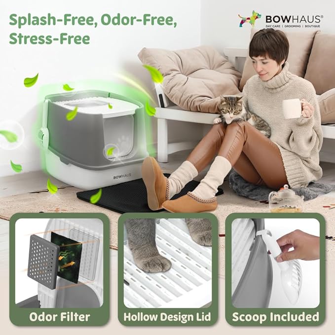 Fully Enclosed Cat Litter Box w/Lid, Scoop, Litter Mat & Odor Fitter, Large Plastic Cat Toilet with Double Door, Anti-Splashing Gato Litter Box with Lockable Front Door, Beige/Pink