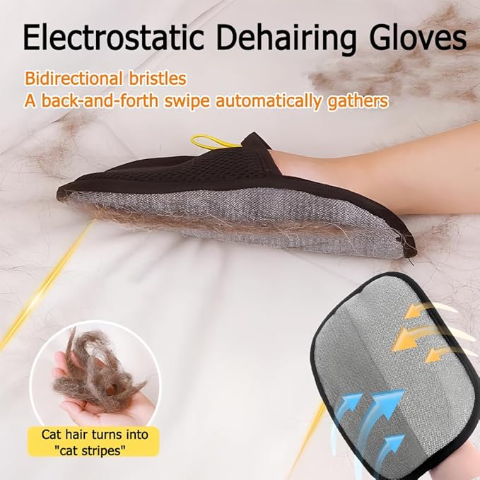 Double-Sided Pet Hair Removal Gloves - Reusable Static Removal Grooming Gloves for Dogs & Cats, Efficient Fur Removal Tool for Furniture, Carpet, Car Seats, Sofa, Bedding & Clothes (1 Pack)
