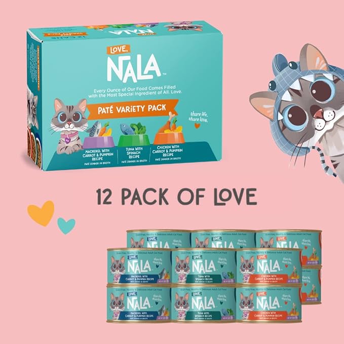 LOVE, NALA - Natural Adult Cat Wet Food - Pate Variety Pack - Tuna, Chicken, Mackerel - Grain Free, Non-GMO, Fiber Blend, Minerals, Vitamins - 12 Pack 2.1 lbs.