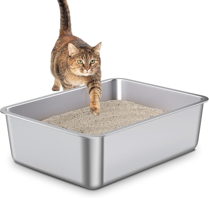 Stainless Steel Cat Litter Box,Metal Litter Box,Cat Litterbox for Kitten, Kitty, Rabbit, 6" High Side Cats Litter boxs,Large Stainless Steel LitterBox, No Smell,Non Stick,Easy to Clean