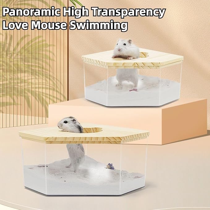 Hamster Sand Bath Box Container, Small Pet Sandbox Lid Design Take Bath Wooden Sandbox Dust Bath, Transparent Bathroom & Digging Box Acrylic Syrian Hamster Litter Box Small Animal Accessories (B)