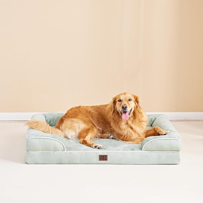 EHEYCIGA Orthopedic Dog Beds for Extra Large Dogs, Waterproof Memory Foam XXL Dog Bed with Sides, Non-Slip Bottom and Egg-Crate Foam Big Pet Couch Bed with Washable Removable Cover, Sage Green