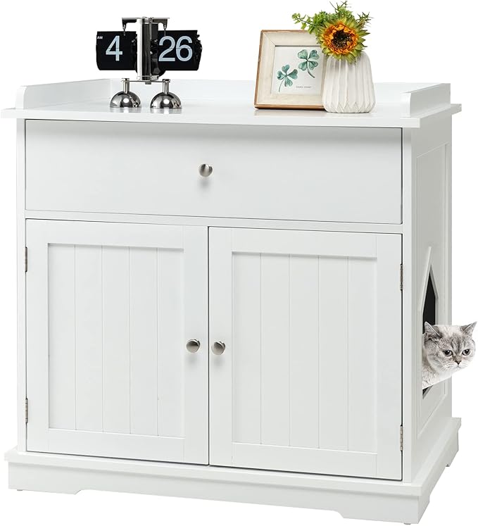 PETSITE Cat Litter Box Enclosure, Large Cat Washroom End Table with Drawer & 2 Doors, Wooden Cat House Storage Cabinet, Hidden Litter Box Furniture, White
