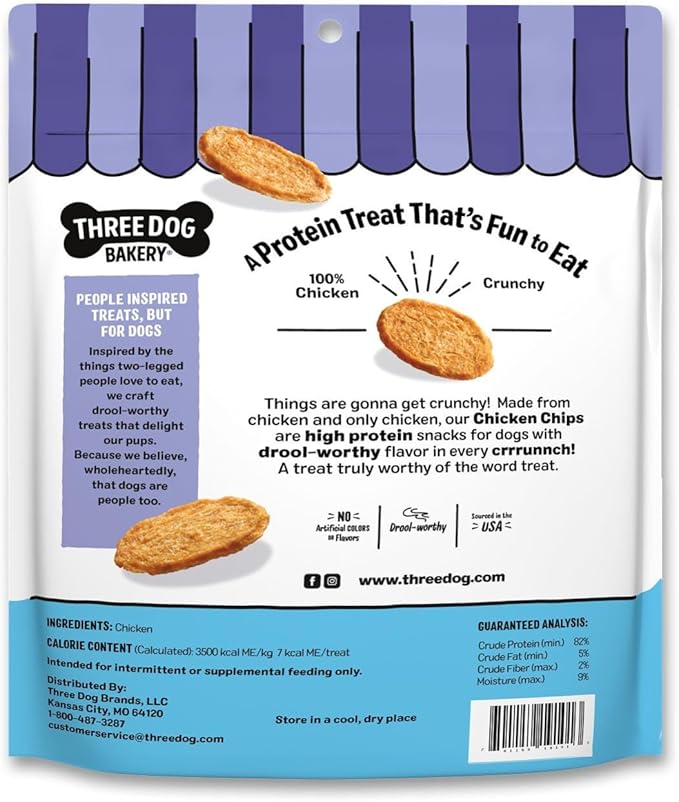 Three Dog Bakery Bark’N Crunch! Chicken Chips, Crunchy Treats for Dogs, Single Ingredient, High Protein Snacks, No Artificial Flavors or Colors, Made in The USA, 8 oz