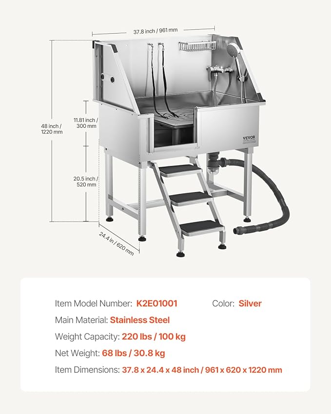 VEVOR Stainless Steel Dog Washing Station, 38 inch Pet Grooming Tub w/Storage Stairs, Faucet & Showerhead & Soap Holder Dog Bathtub for Medium & Small Pets (Left Door)