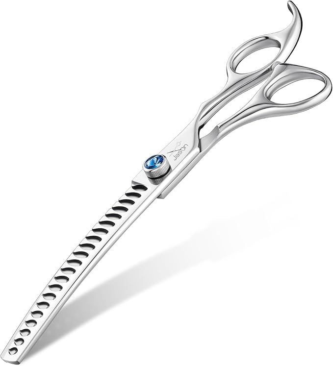 JASON 7" Curved Chunker Dog Scissors - Ergonomic Dog Grooming Scissors Silver Curved Dog Shears 440C Stainless Steel Grooming Shears Professional Pet Shears For Groomer (21-Teeth)