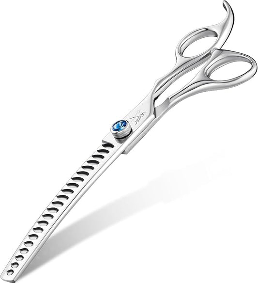 JASON 7" Curved Chunker Dog Scissors - Ergonomic Dog Grooming Scissors Silver Curved Dog Shears 440C Stainless Steel Grooming Shears Professional Pet Shears For Groomer (21-Teeth)