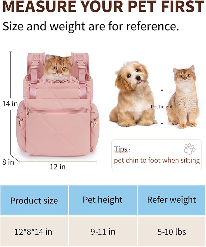 OFY Cat Carrier Puffy Backpack Breathable Small Dog Front Backpack Large Space for Small Dogs, Drawstring & Water-Resisant Pet Bag for Travel Hiking, Lotus Pink Patent Pending