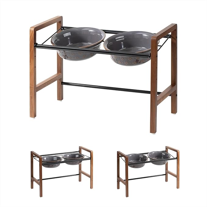 7.1inch Ceramic Adjustable Raised Double Bowls Set with Stand, 3 Heights Elevated, 2 Placement Options,Food and Water Bowls for Medium and Large Dog(Reactived Glaze -Grey)