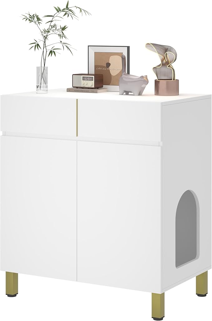 Large/Tall Litter Box Enclosure, Modern Wooden Litter Box Furniture for XL Litterbox with Drawer as Sideboard Cabinet (White)
