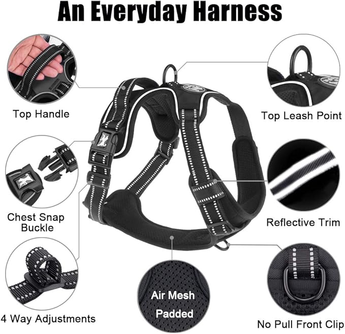 PoyPet No Pull Dog Harness, Reflective Comfortable Vest Harness with Front & Back 2 Leash Attachments and Easy Control Handle Adjustable Soft Padded Pet Vest for Small to Large Dogs (Black,M)