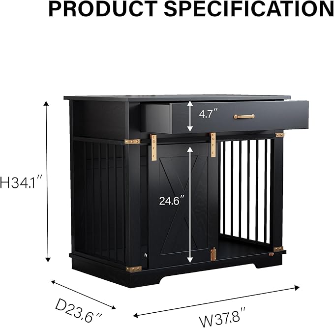 LZUUOB 37.8'' Dog Crate Furniture with Storage Drawer, Decorative Wooden Dog Kennel with Sliding Barn Door, Indoor Water Resistant Cage for Pet, Small, Medium, Large Dog (Black Gold Oak)