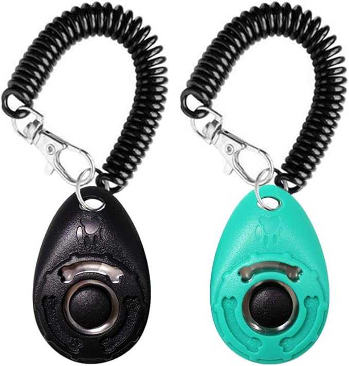 OYEFLY Dog Training Clicker with Wrist Strap Durable Lightweight Easy to Use, Pet Training Clicker for Cats Puppy Birds Horses. Perfect for Behavioral Training 2-Pack (Black and Water Lake Blue)
