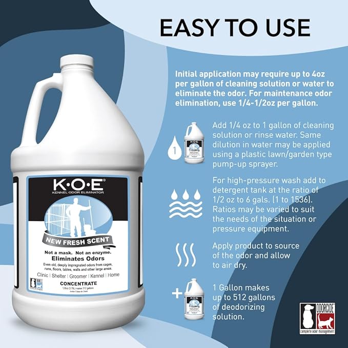 K.O.E. Fresh Scent Odor Eliminator Concentrate for Kennels, Cages, Floors & More - Non-Enzymatic Pet Odor Solution for Home & Dog Kennel - Home & Pet Supplies (1 Gal)